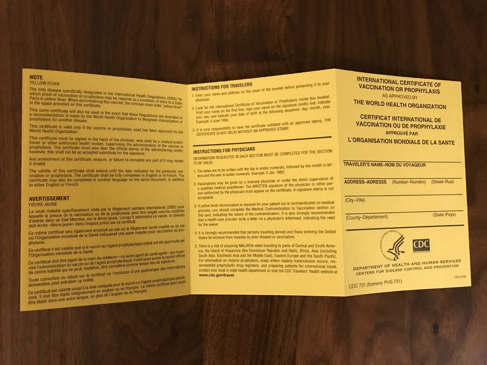 International Certificate of Vaccination - Yellow Card - Carte Jaune