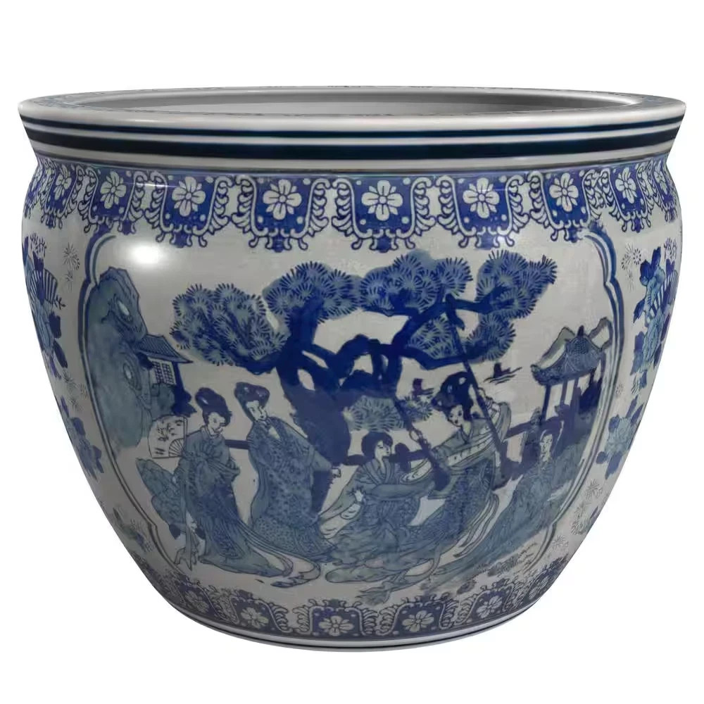 Red Lantern 14 in. Ladies Blue and White Porcelain Fishbowl