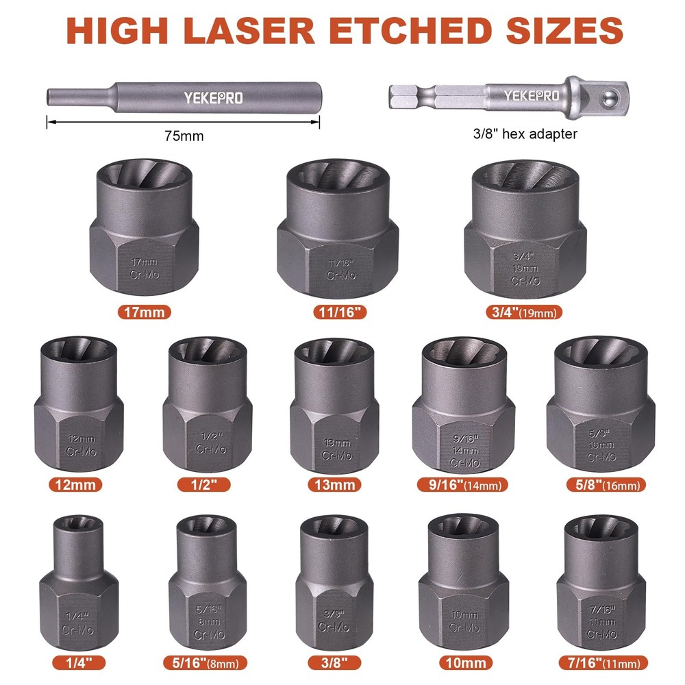 YEKEPRO 15pc Bolt Extractor Set 3/8" Drive Impact Easy Out Socket Remover