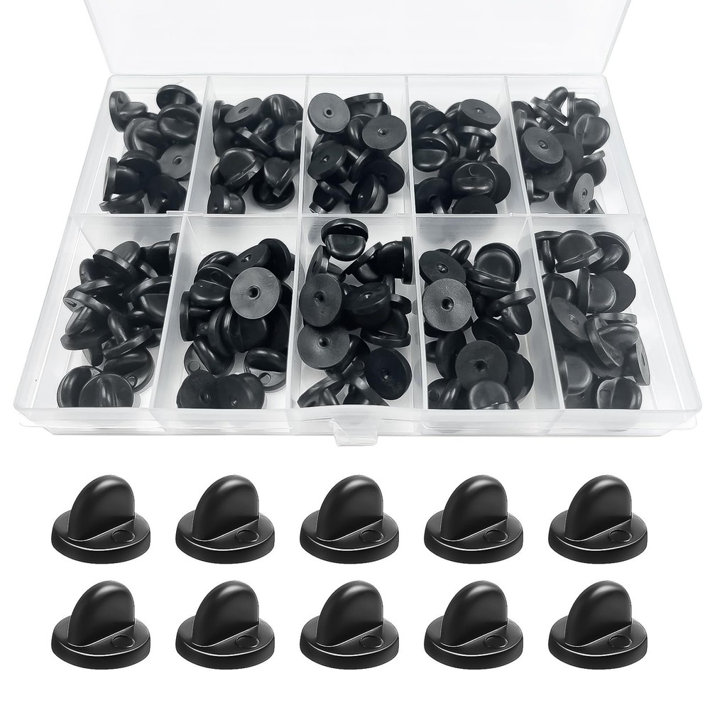 150Pcs Black Rubber Pin Backs Locking, Locking Pin Backs with Storage Case, P...