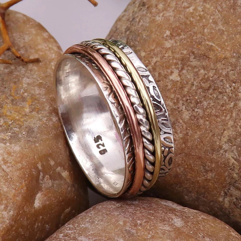 Copper Solid 925 Sterling Silver Band& Spinner Ring Handmade Ring All Size-U-91