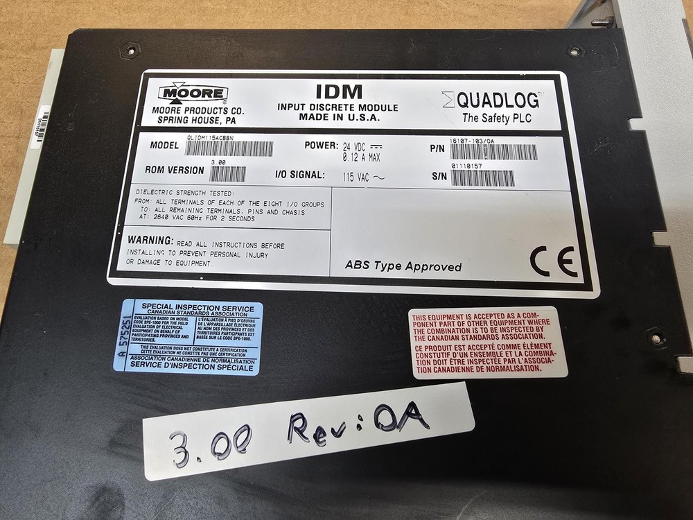 MOORE QLIDM115ACBBN QUADLOG, ROM VERSION 3.00, REV:OA, IDM INPUT DISCRETE MODULE