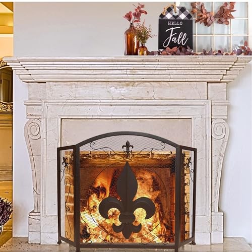 3-Panel Fireplace Screen Decorative with Fleur De Lis Design, Classic Dark