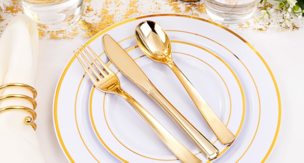 Gold Plastic Plates, Gold Rim Plastic Dinnerware Set, Includes: 25