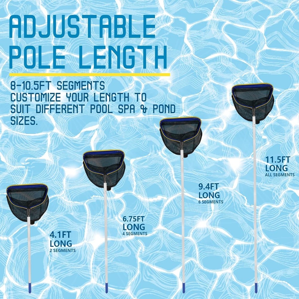 Pool Skimmer Net 10ft Adjustable Pole Heavy Duty Deep Bag Leaf Rake