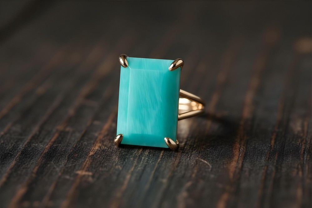 Amazonite Ring 14k Gold Rectangle Cut Sky Blue Semiprecious Statement