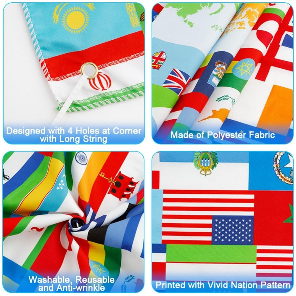 World Flags Banner - 5x3ft Polyester International Flag Backdrop with String ...
