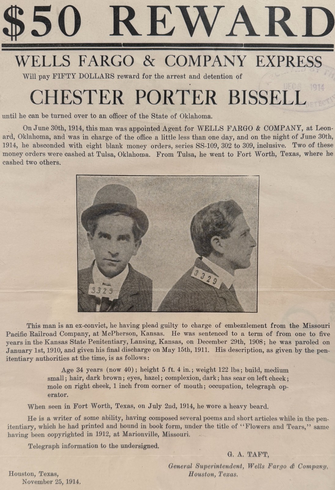 Antique Wells Fargo & Co Reward Wanted Poster Criminal Robber Western Outlaw #3