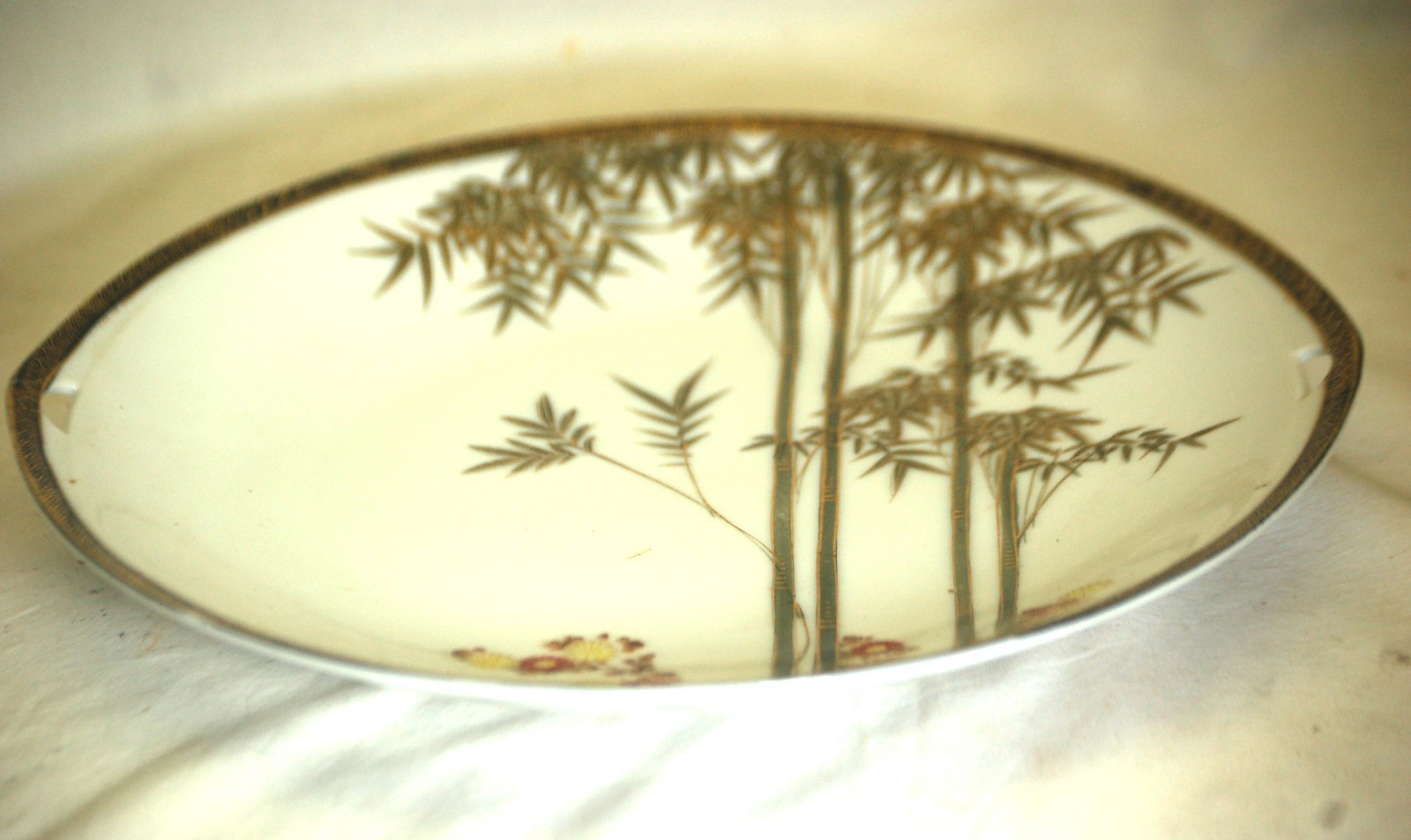 Kutani Serving Platter Bamboo Red Yellow Flowers Encrusted