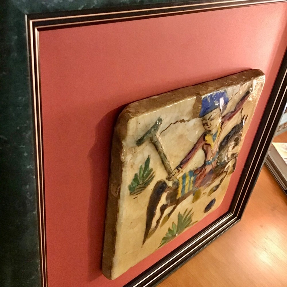 Framed Persian Qajar Handmade Ceramic Tile Polo Age Unknown