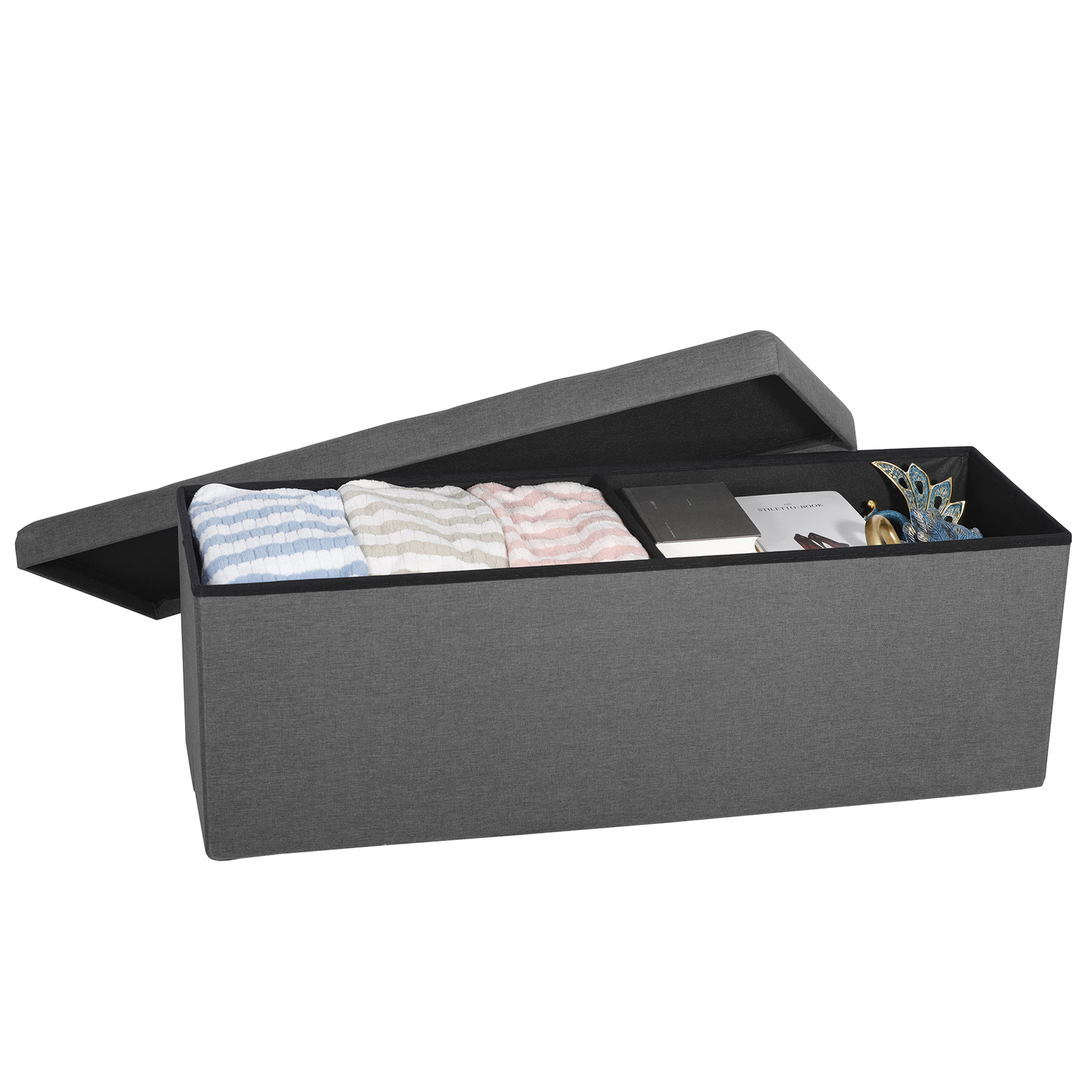 43" Folding Fabric Ottoman Storage Bench Toy Chest Box Footrest Stool Light Grey