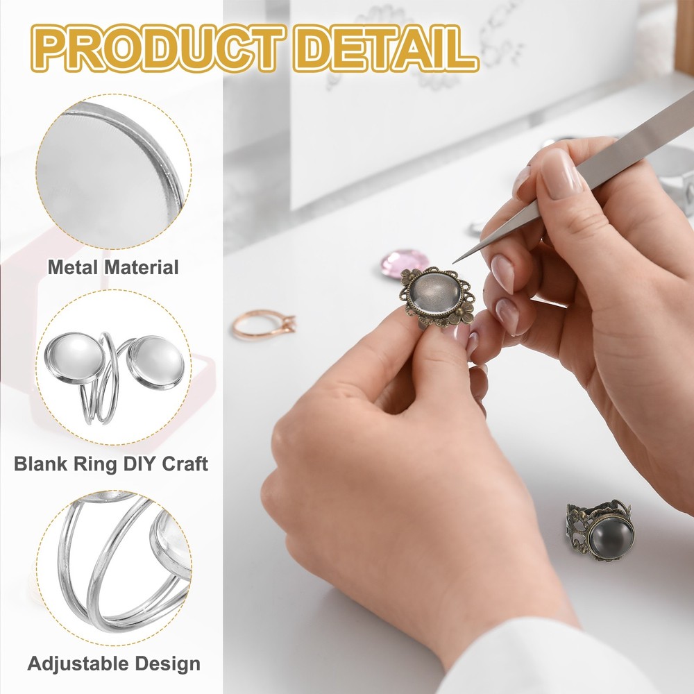 10Pcs 12mm Ring Blank Base with 20Pcs Cabochon(Light Silver)