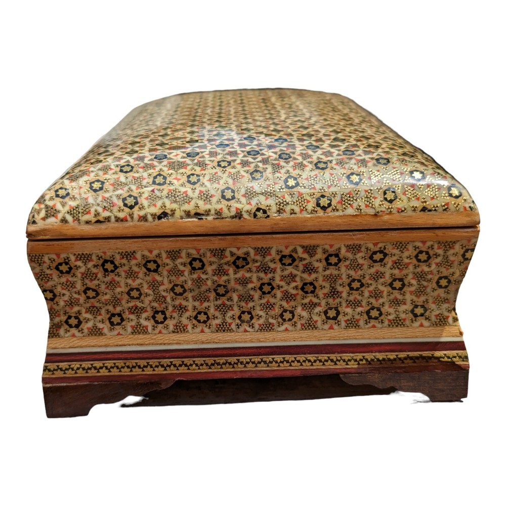 Middle Eastern Mosaic Maquetry Wood Inlay Rectangular Hinged Lidded Jewelry Box