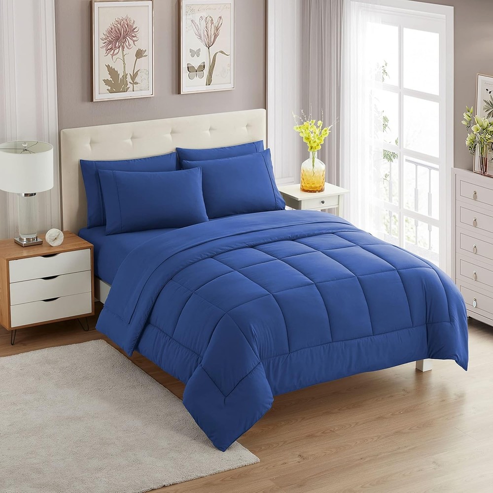 7 Piece Comforter Set Bag Solid Color All Season Soft Down Alternative Blanket