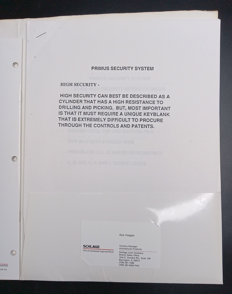 Schlage Primus Lock Users Manual Sales? Folder +