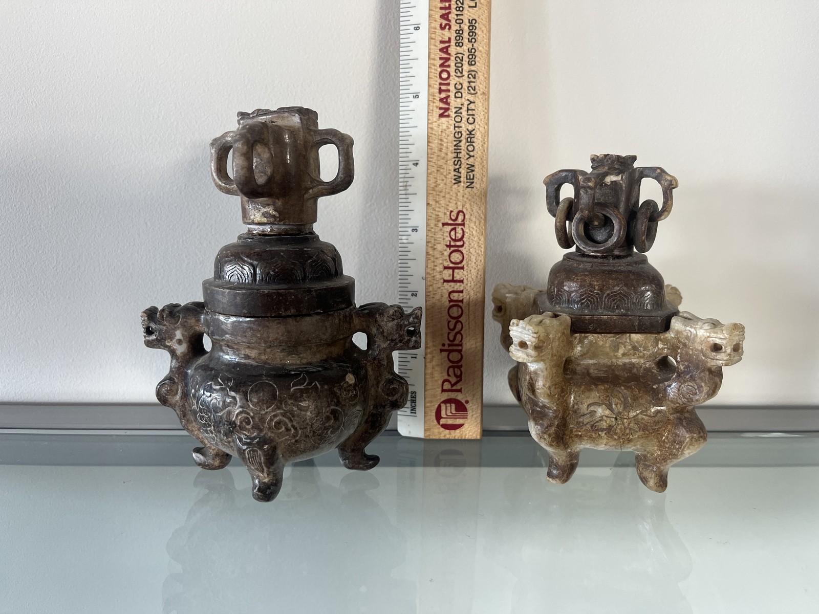 Pair Antique Chinese Carved Stone Jade Incense Burners Censer Dragons