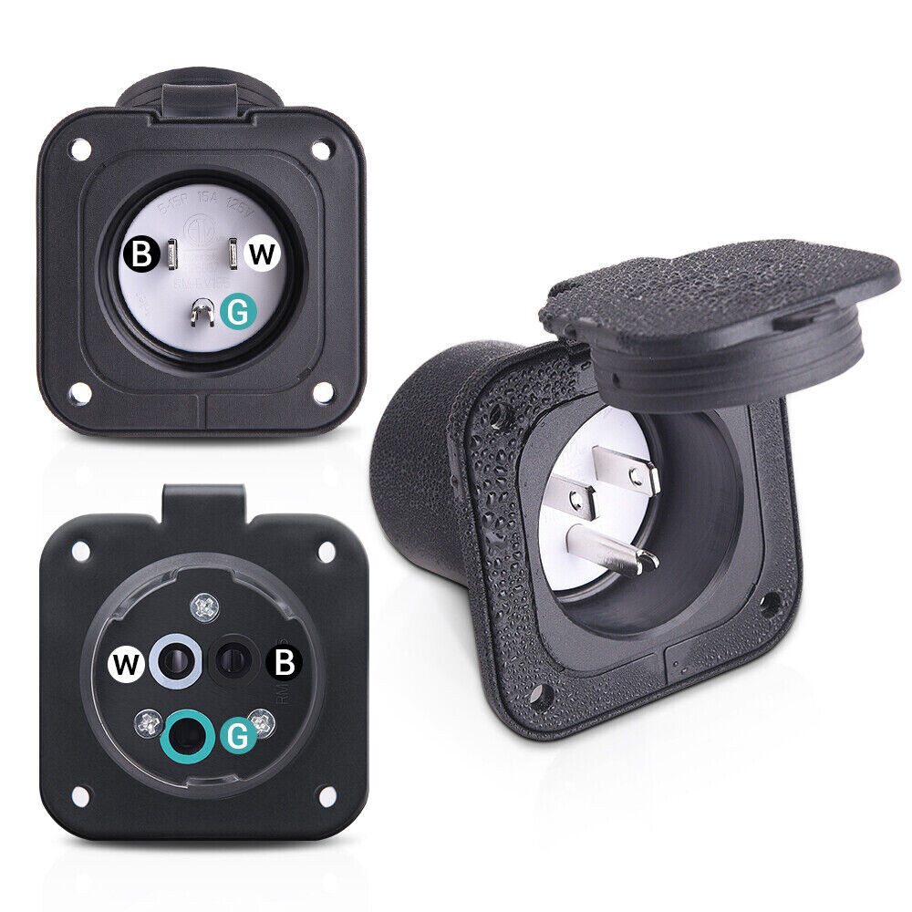 15 Amp Flanged Inlet 125V NEMA 5-15 RV Shore Power Inlet Plug w/Waterproof Cover