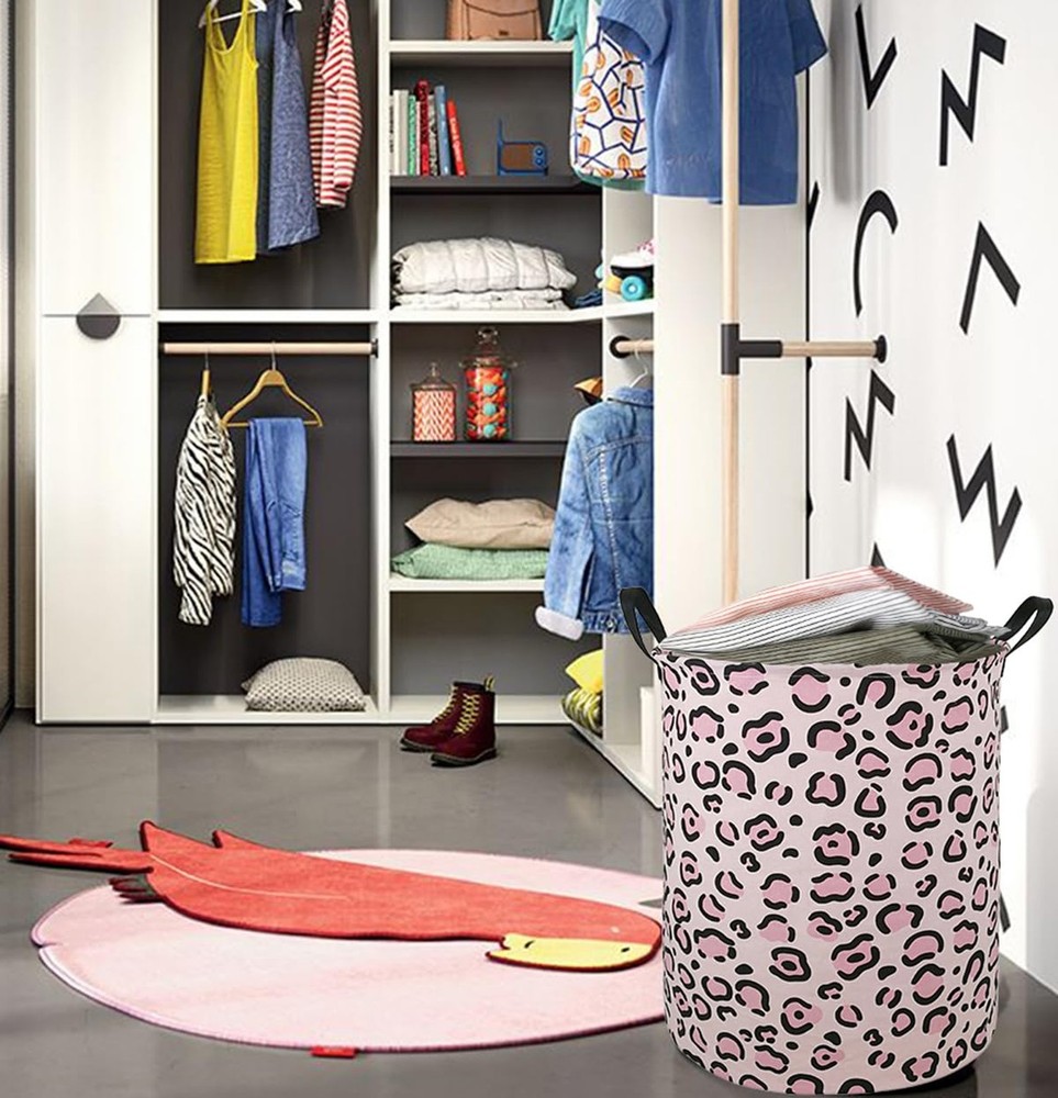 Round Leopard PatternLaundry Hamper Storage Basket Fabric Material Storage Ha...