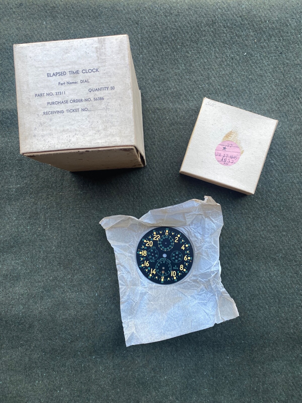 Original WW2 US Air Force Hamilton-Elgin 37500 Cockpit Elapsed Clock Dial - 1945