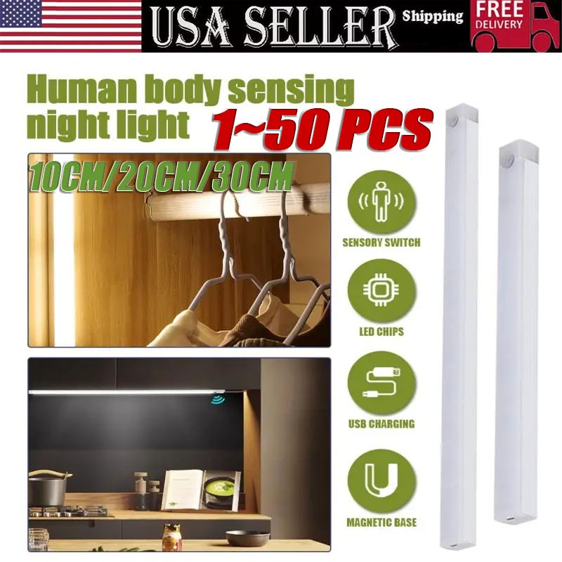 LED Motion Sensor Under Cabinet Closet Light USB Rechargeable Kitchen Lamp Strip