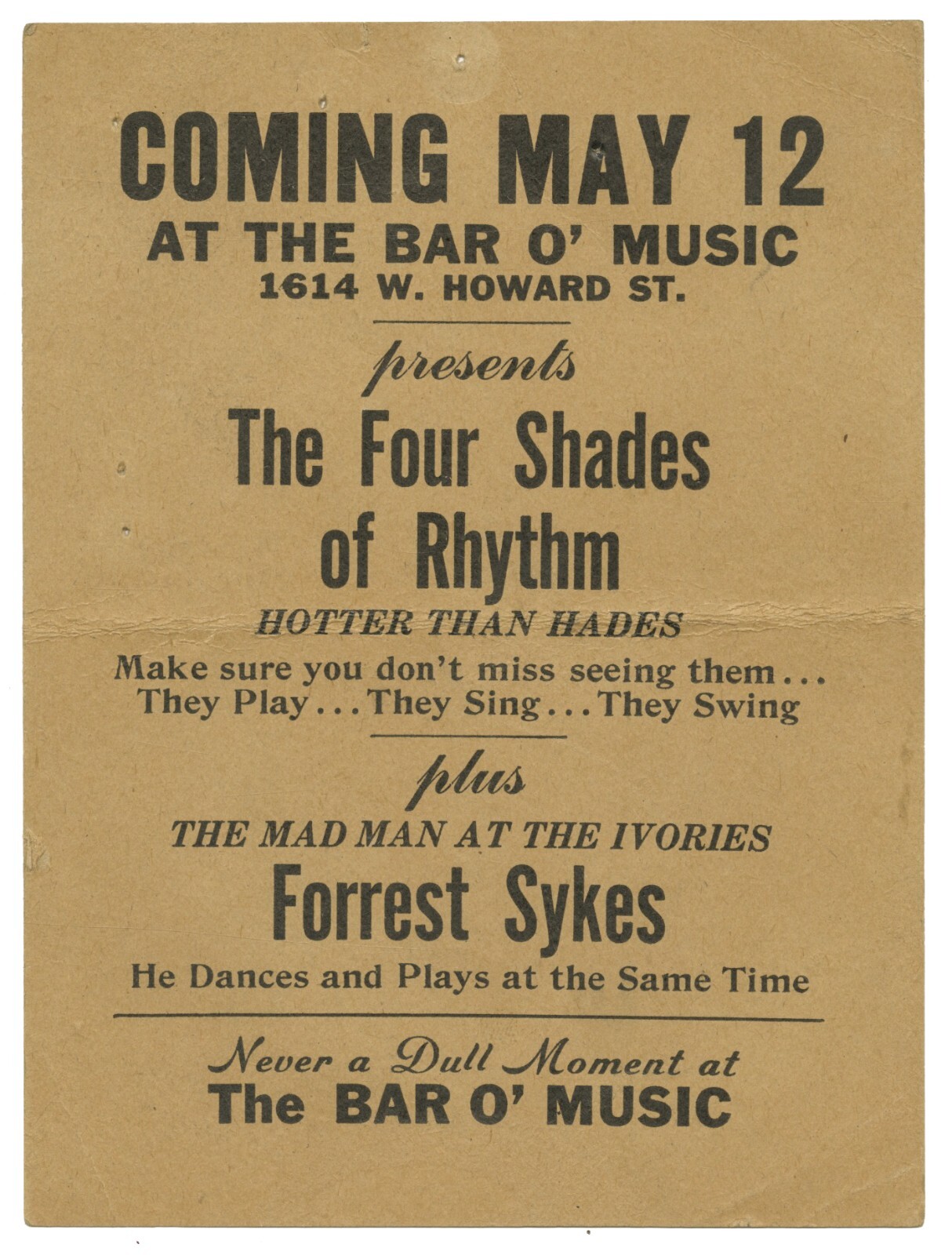 Scarce Chicago Black R&B Scene Flyer FORREST SYKES Piano Bar O Music 1947 Poster