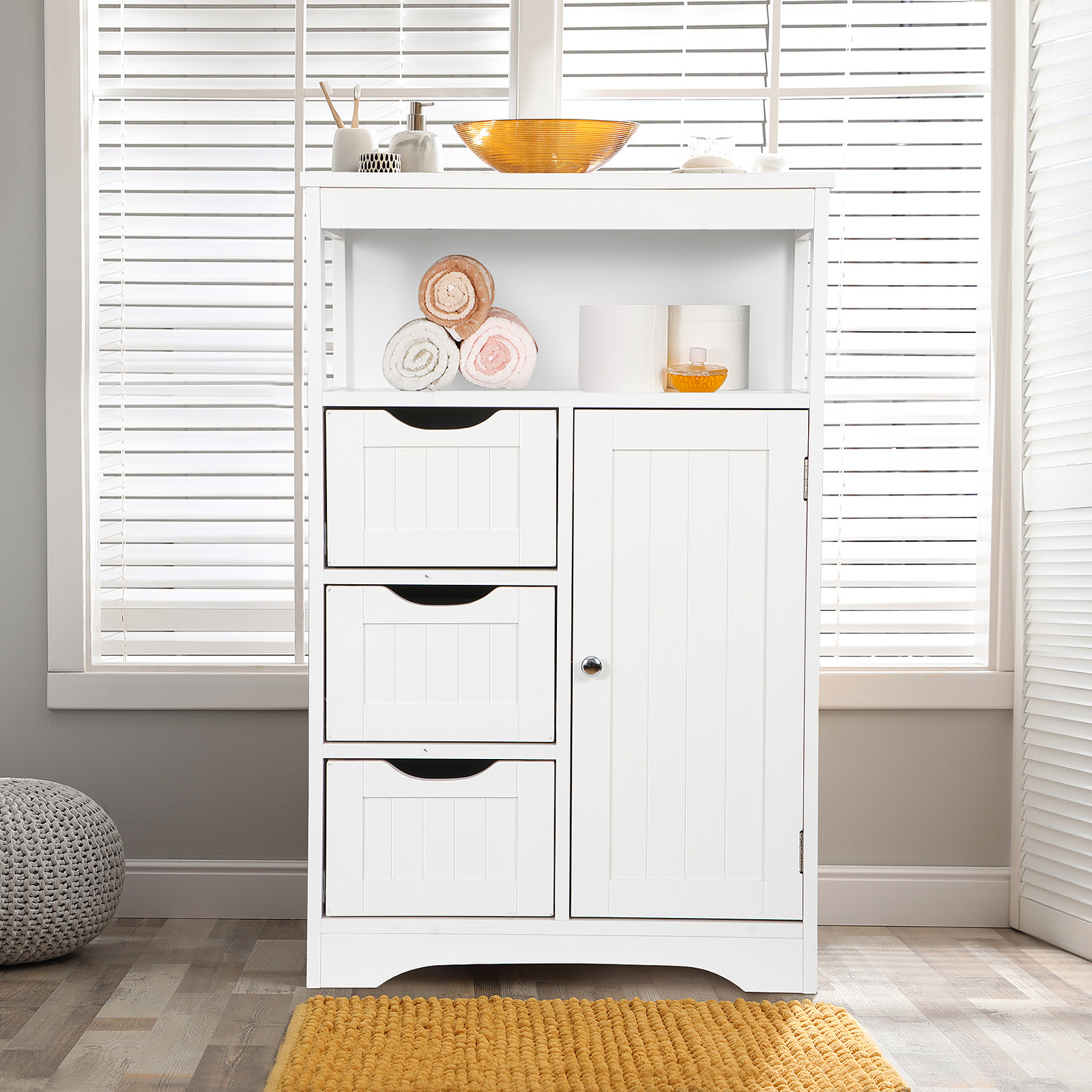 Bathroom Floor Storage Cabinet Organizer w/ 3 Drawers and Adjustable Shelf White