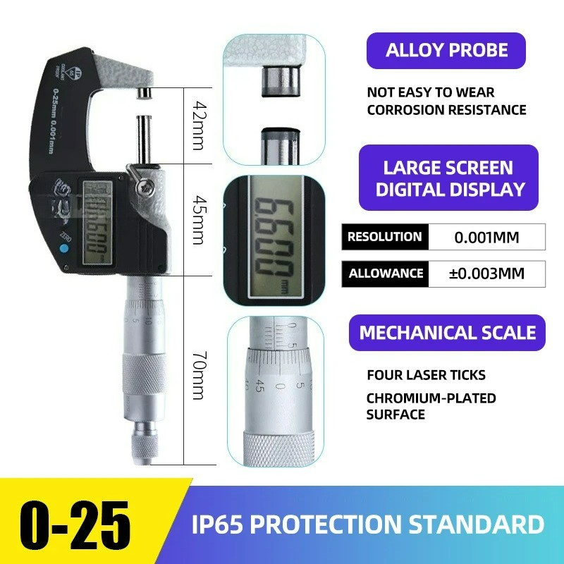 Digital Outer Diameter Micrometer 25~25mm High Precision 0.001 Spiral Micrometer