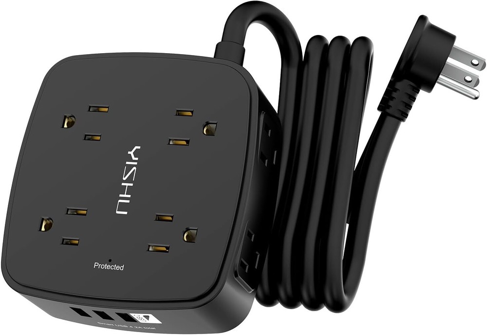 6FT Power Strip Surge Protector, 8 Outlets 4 USB, Flat Plug, Wall Mount, White