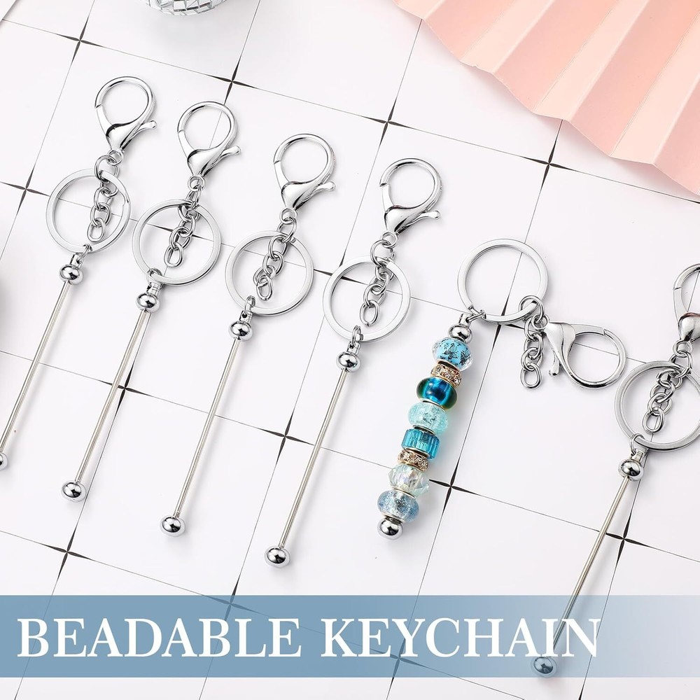 6 Pcs Beadable Keychain Bars Blanks Bead Metal Beaded Silver