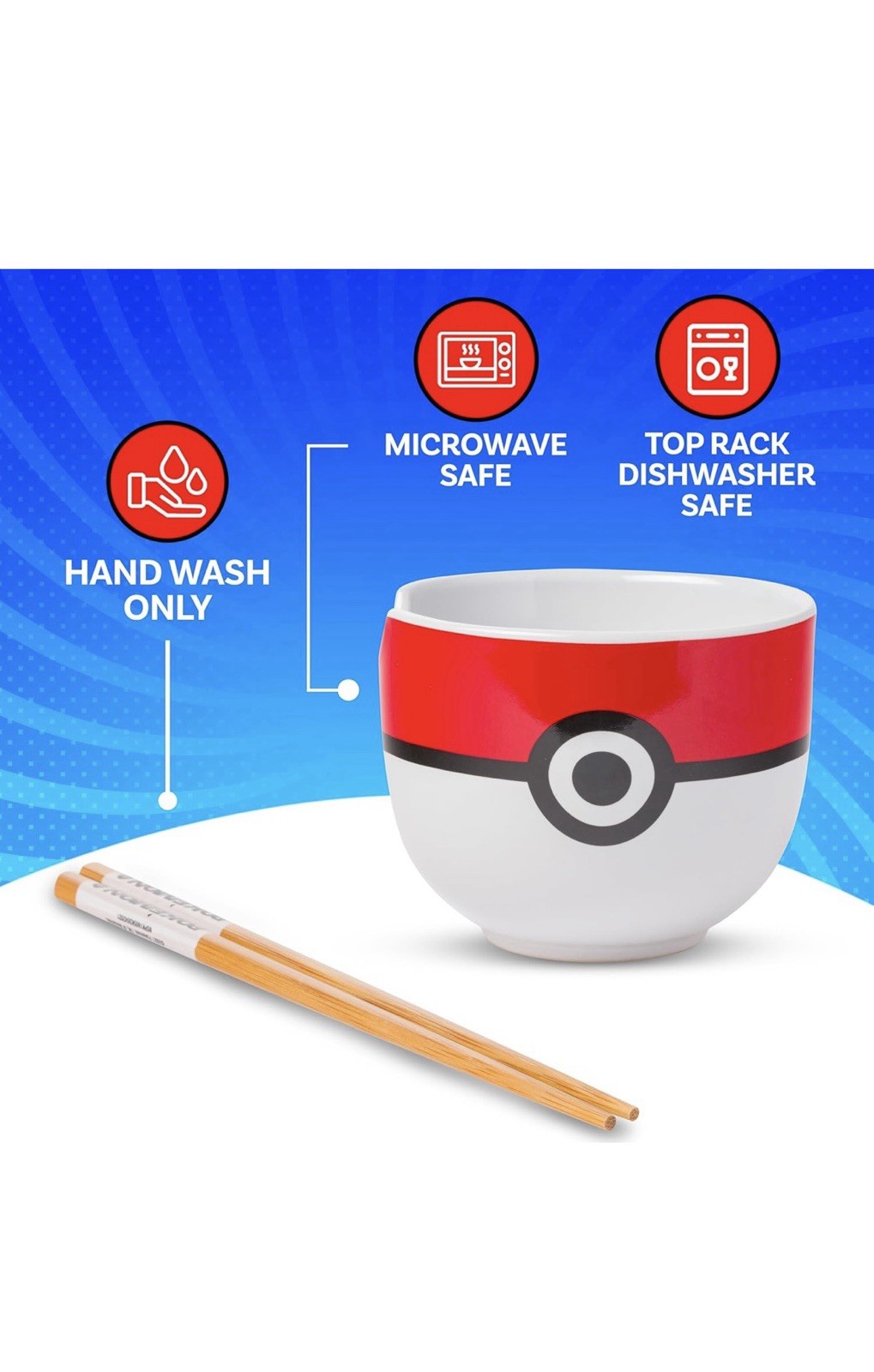 2 Pack Pokémon Pokeball 20oz Ceramic Ramen Noodle Bowl W/ Chopsticks