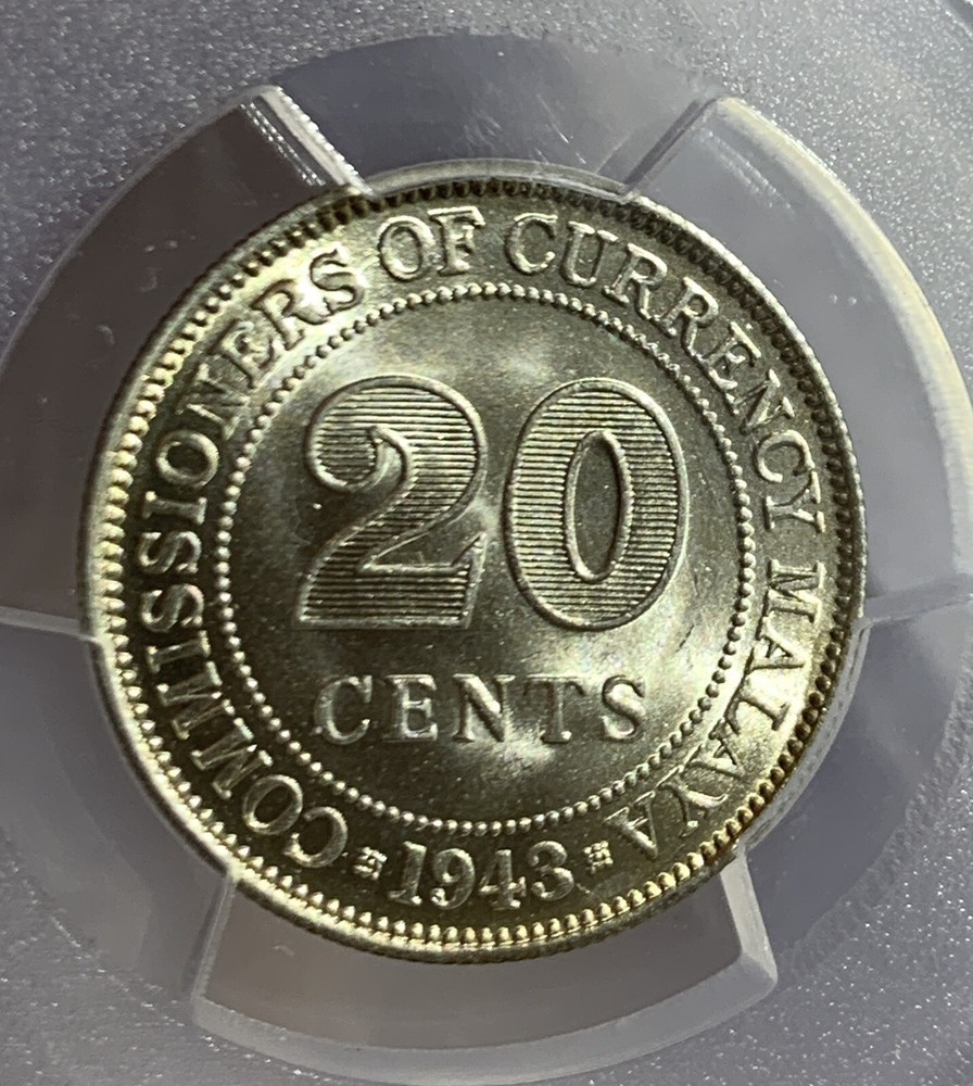 1943 MALAYSIA SILVER COIN 20 CENT PCGS MS64