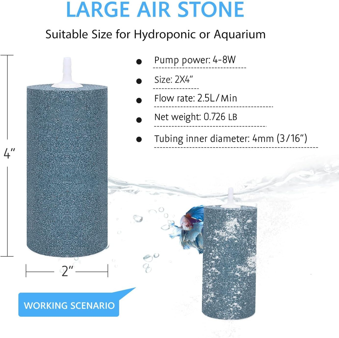 Air Stone for Aquariums or Hydroponics, 4" Cylinder, Fits 4 mm / 0.16" Tubing