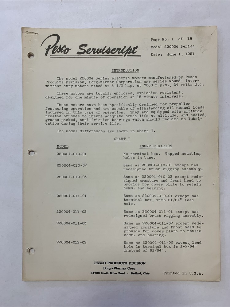 Pesco Servicescript Model 220004 Series Dated June 1, 1951 - Original
