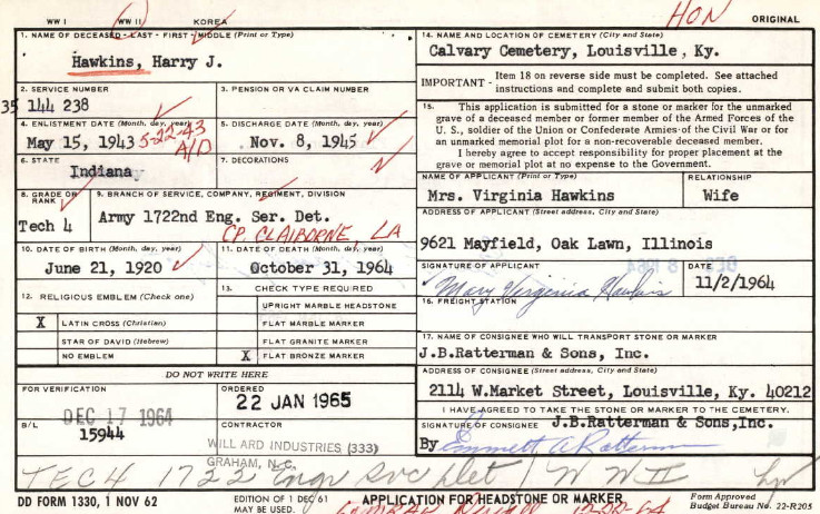 Original WWII US Army 1944 Engineer Sergeant Dog Tag Hawkins CA3