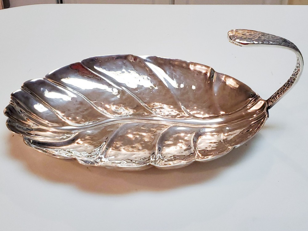 HABIS Hammered Silverplate Leaf Serving Dish with Handle