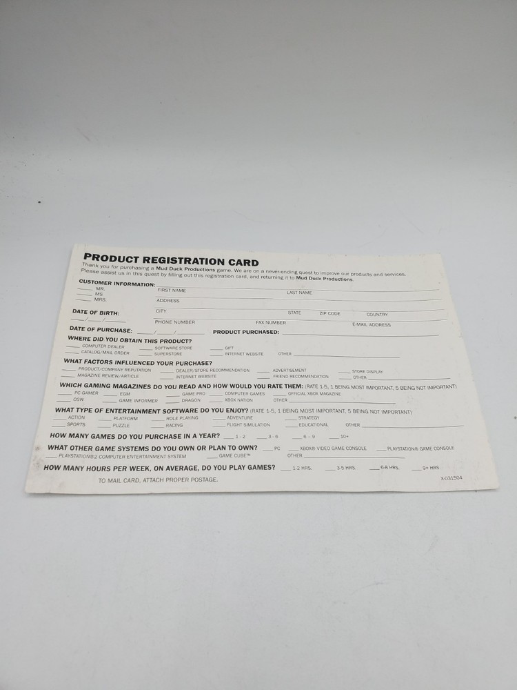 Mud Duck Registration Reg Card Insert Only