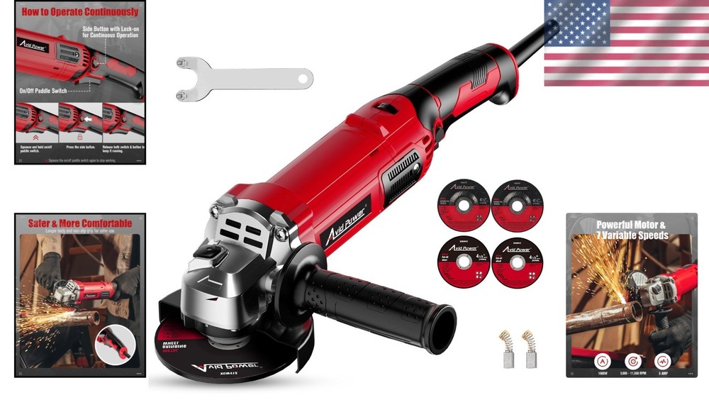 Electric 4-1/2" Angle Grinder 1000W with Adjustable Speed & Paddle Switch