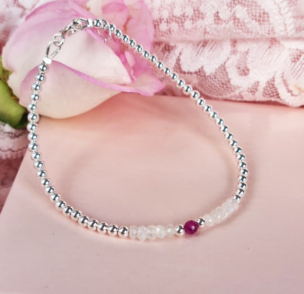 925 Sterling Silver MOONSTONE and RUBY Bracelet Birthstone