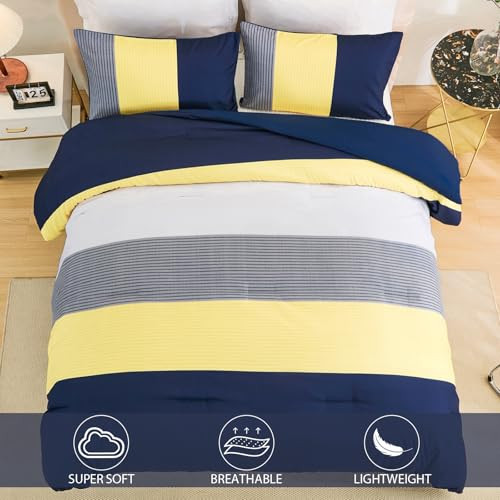 Comforter Set Queen, Reversible Blue Striped Patchwork Down Alternative