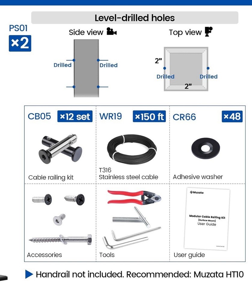 CKE 10ft-15ft Complete Set 36" Cable Railing Post Kit, 3Pack Black Level