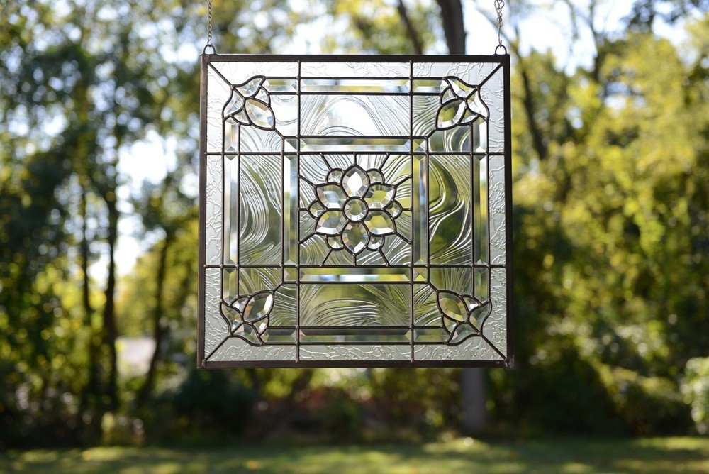 Handcrafted stained glass Clear Beveled window panel 20" x 20"