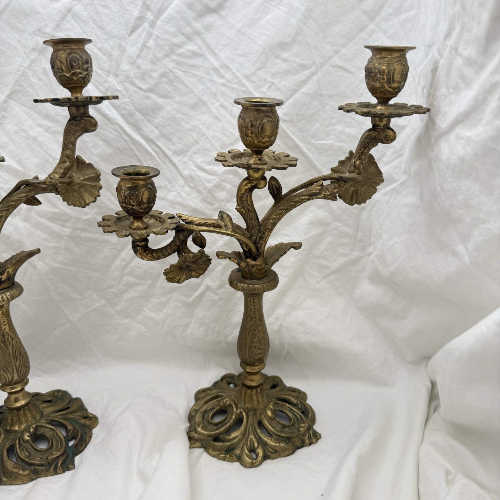 Vtg Triple Candelabra Ornate Floral Heavy Brass Candlesticks Candle Holders Pair