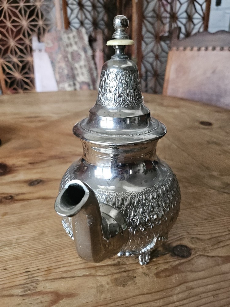 Antique Middle Eastern Moroccan Silver Plated Tea Coffee Pot Signed