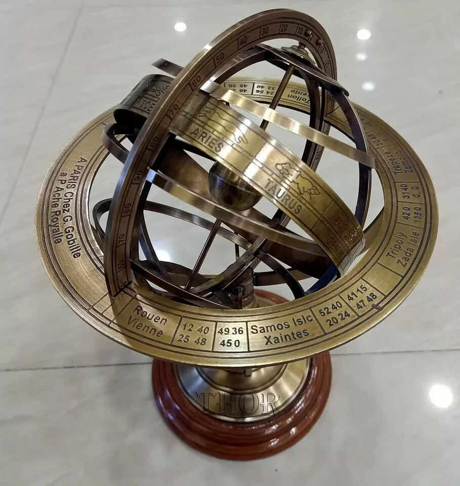 Engraved Brass Tabletop Armillary Nautical Sphere World Globe With Base Table.