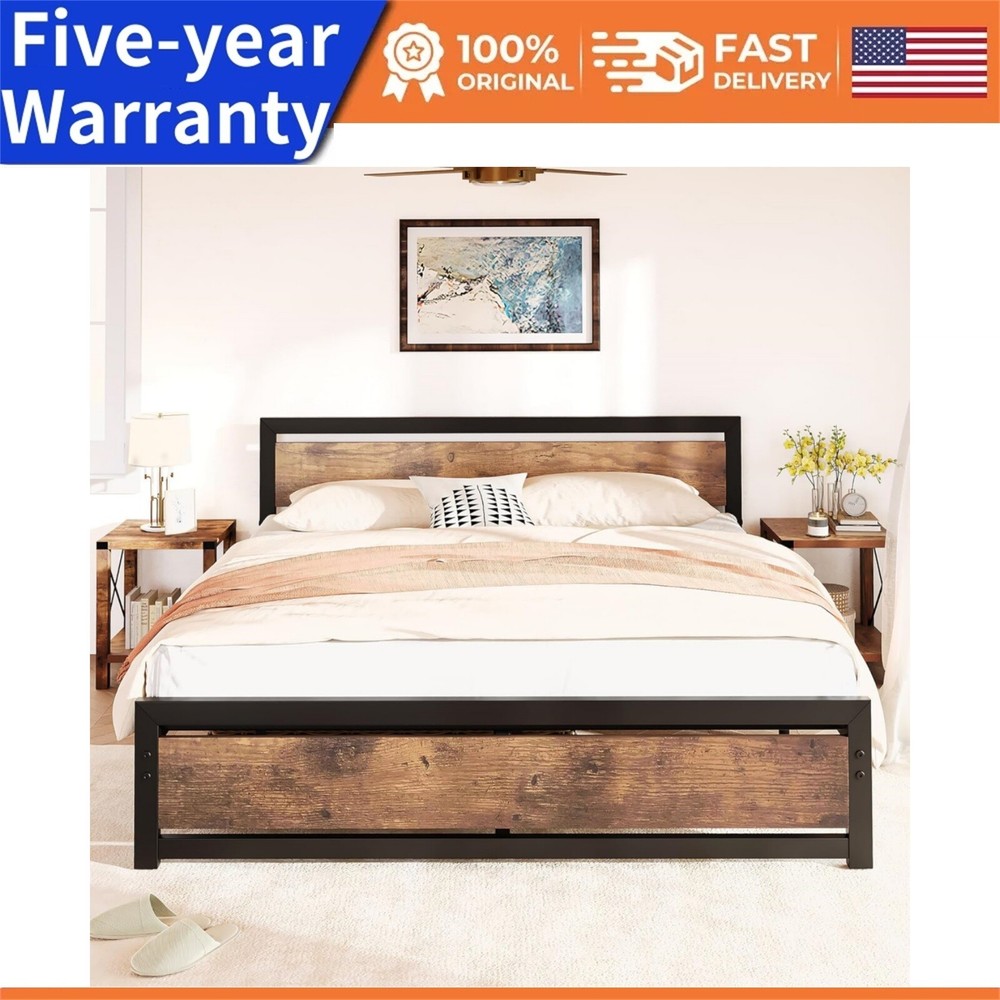 ⏯💯Queen/King Bed Platform Metal Bedframe No Box Spring Needed Bed Frame Headboa
