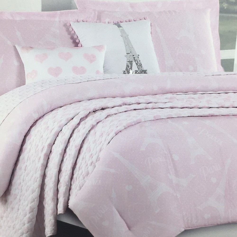 10pc Envogue Paris FULL Comforter Sheet Pillow Set Eiffel Tower Heart Sequins