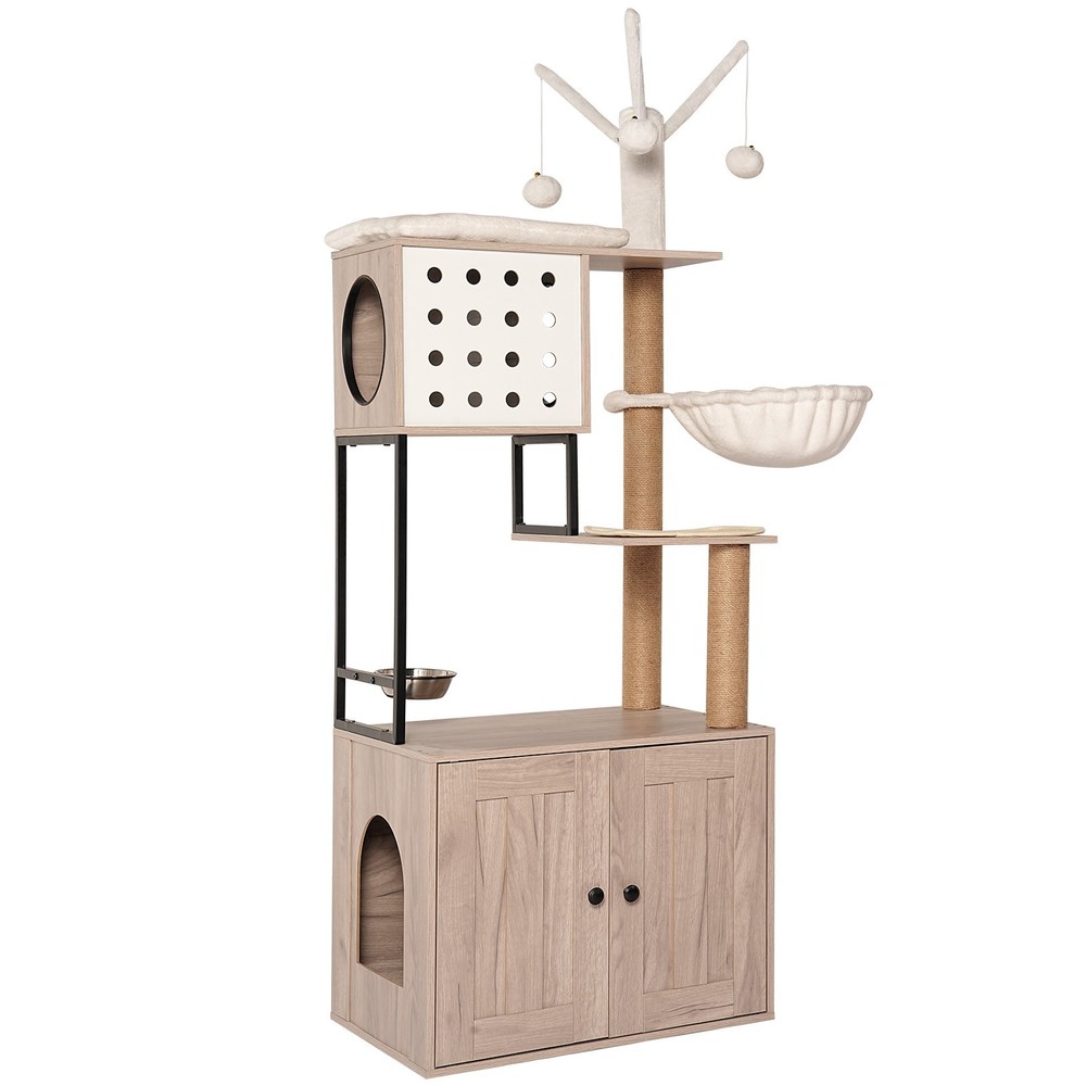 Cat Tree with Litter Box Enclosure - Modern Cat Condo with Scratching Posts