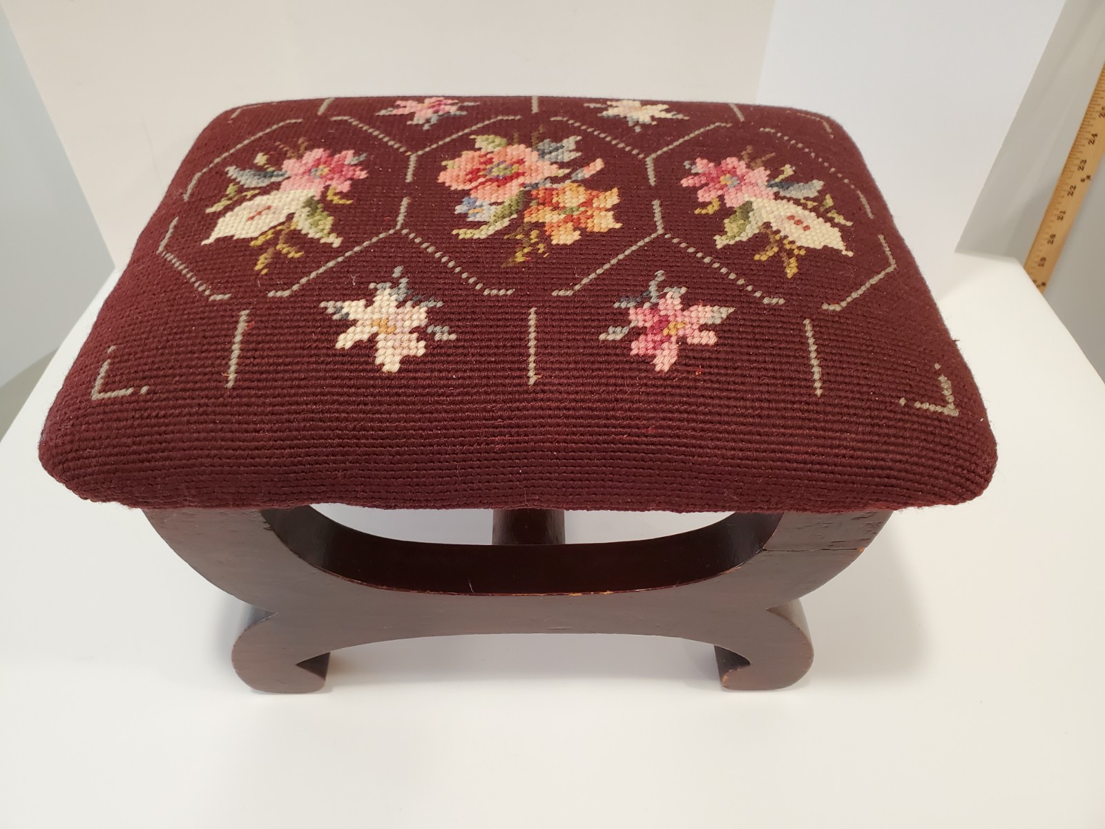Vintage Needlepoint Foot Stool Ottoman Floral Burgundy Mahogany base