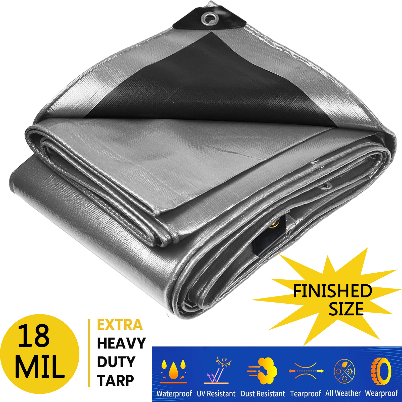 Finished Size 18Mil Heavy Duty Tarp Waterproof Canopy Cover Poly Tarpaulin Shade