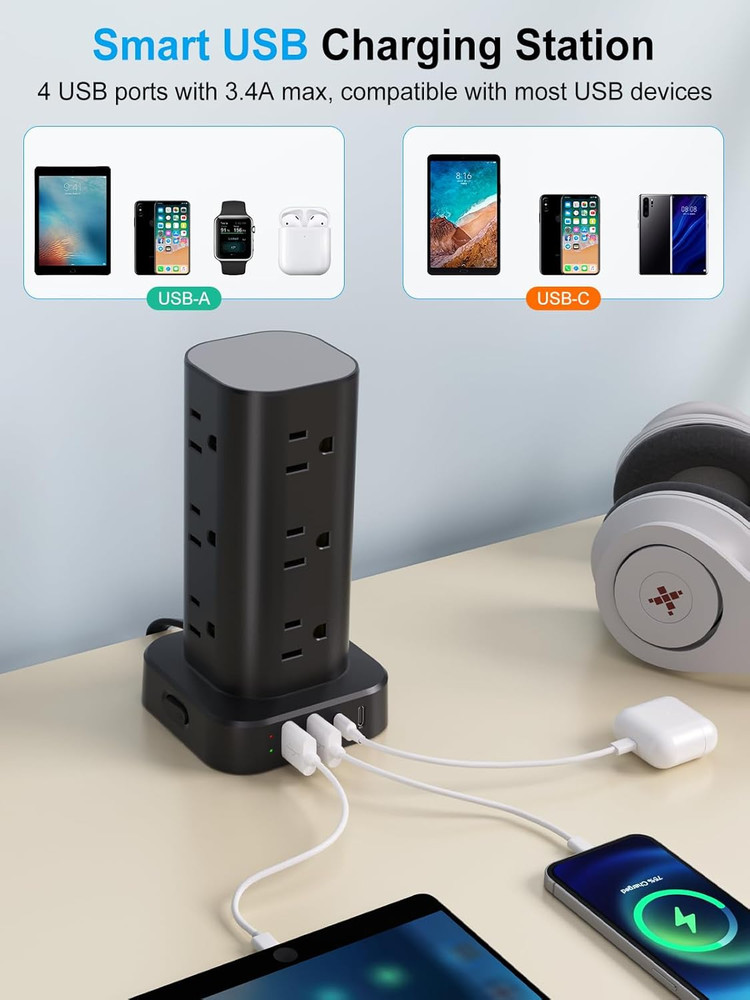 Power Strip Tower with Multiple Outlets, Flat Plug Surge Protector Tower Extensi